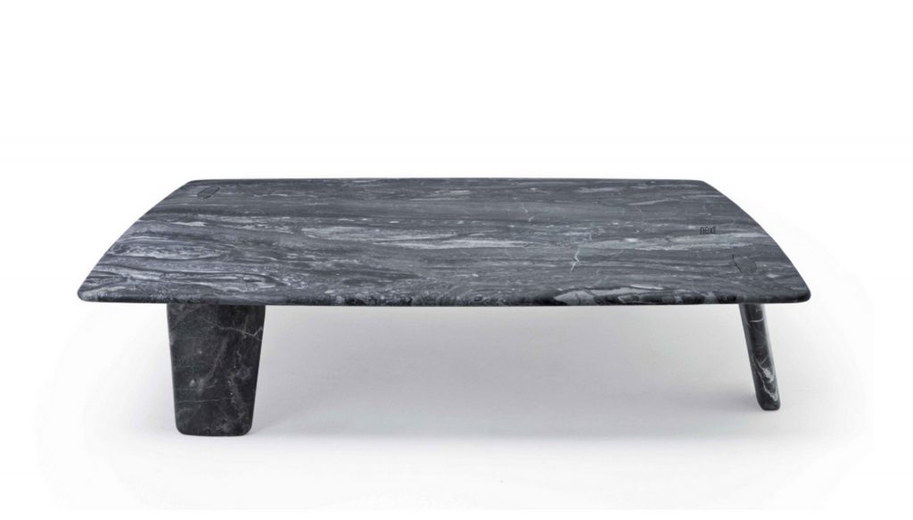 Rectangle Biscuit Coffee Table and short legs in white and gray marble on a white background.