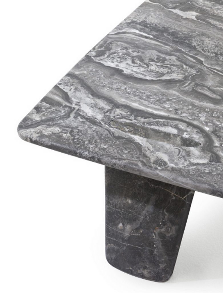 Closeup of rectangle Biscuit Coffee Table and short legs in white and gray marble on a white background.