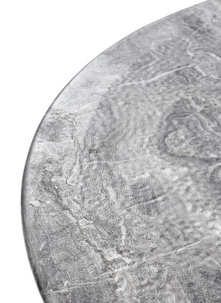 Closeup of round Biscuit Coffee Table and short legs in white and gray marble on a white background.