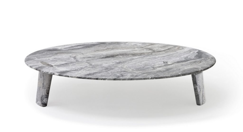Round Biscuit Coffee Table and short legs in white and gray marble on a white background.