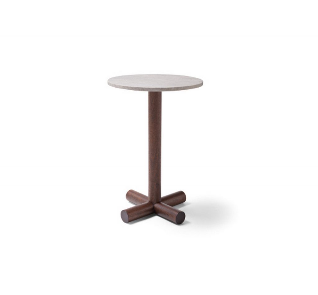 Helix Coffee Table: White round top and bronze central leg on a white background.