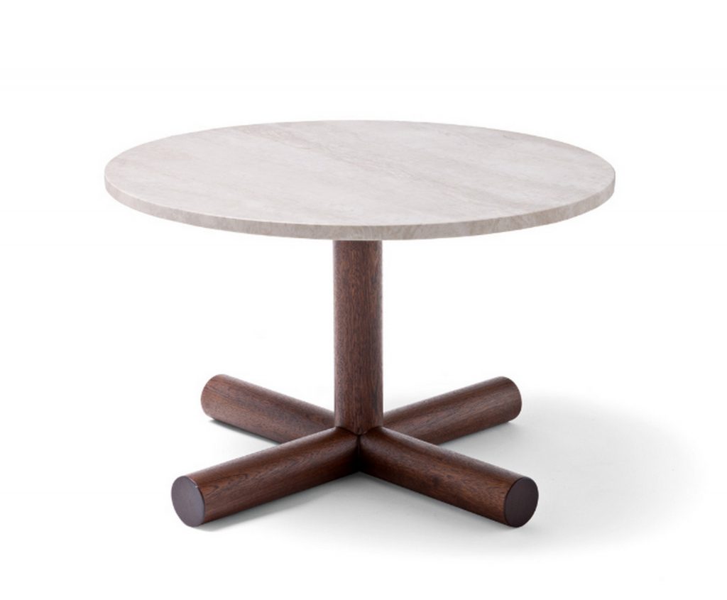 Helix Coffee Table: White round top and bronze central leg on a white background.