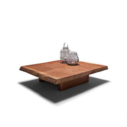 An Individual Outdoor Coffee Table with a square wooden top and a small white object on it is shown on a white background