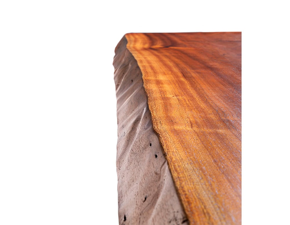 A detailed close-up of the Individual Outdoor Coffee Table highlighting its natural wood grain organic texture and expertly crafted edge design