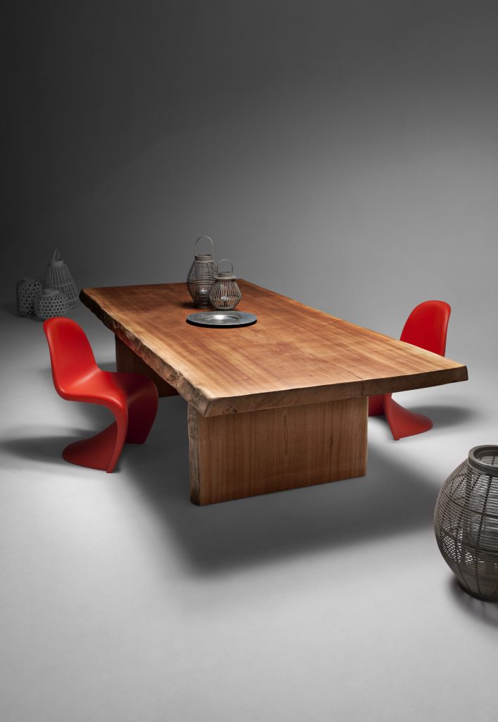 Individual Table: Brown wooden rectangular dining table with two rectangular legs on a white background.