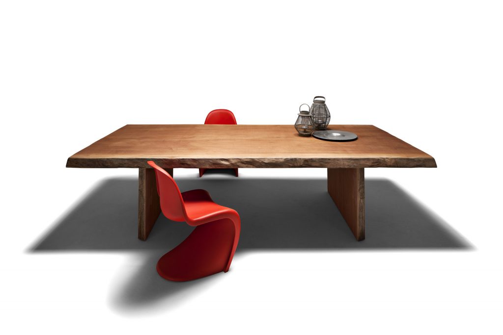 Individual Table: Brown wooden rectangular dining table with two rectangular legs on a white background.