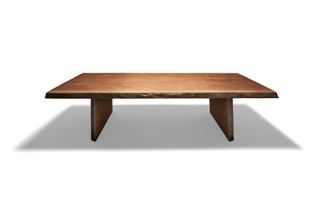 Individual Table: Brown wooden rectangular dining table with two rectangular legs on a white background.