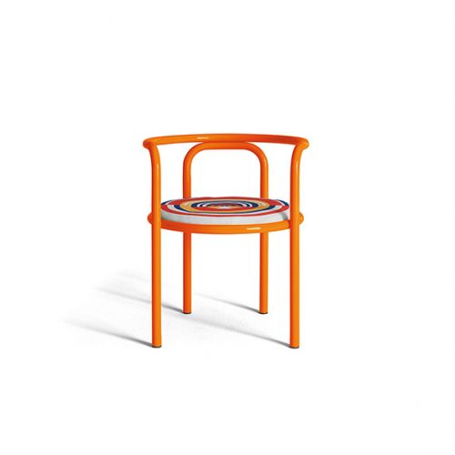 Locus Solus Chair with armrest. Structure in orange metal and multicolored cushion on a white background.