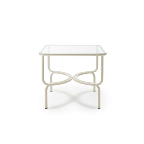 Square Locus Solus Dining Table. Crystal top and white metal structure on a white background.