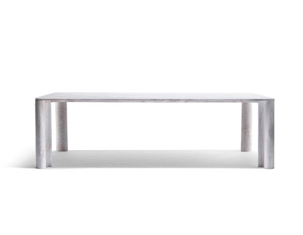 Michelangelo Dinner Table in rectangular shape. Top in white with gour gray legs on a white background.