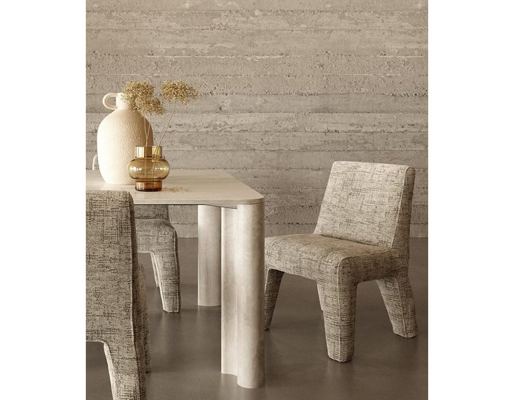 Closeup of Michelangelo Dinner Table in rectangular shape. Top in white with gour gray legs in a dining room.