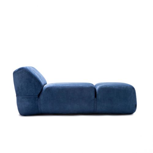 Soft Chaise Long covered in blue fabric on a white background.