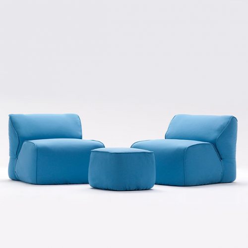 Two Soft Pouf with backrest covered in blue fabric on a white background.