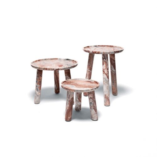 Three Stone Round Coffee Tables in gray and brown with three legs on a white background.