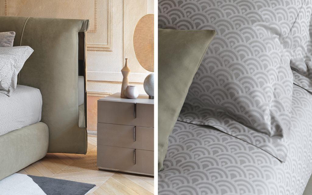 close up of the amal bed with green headboard