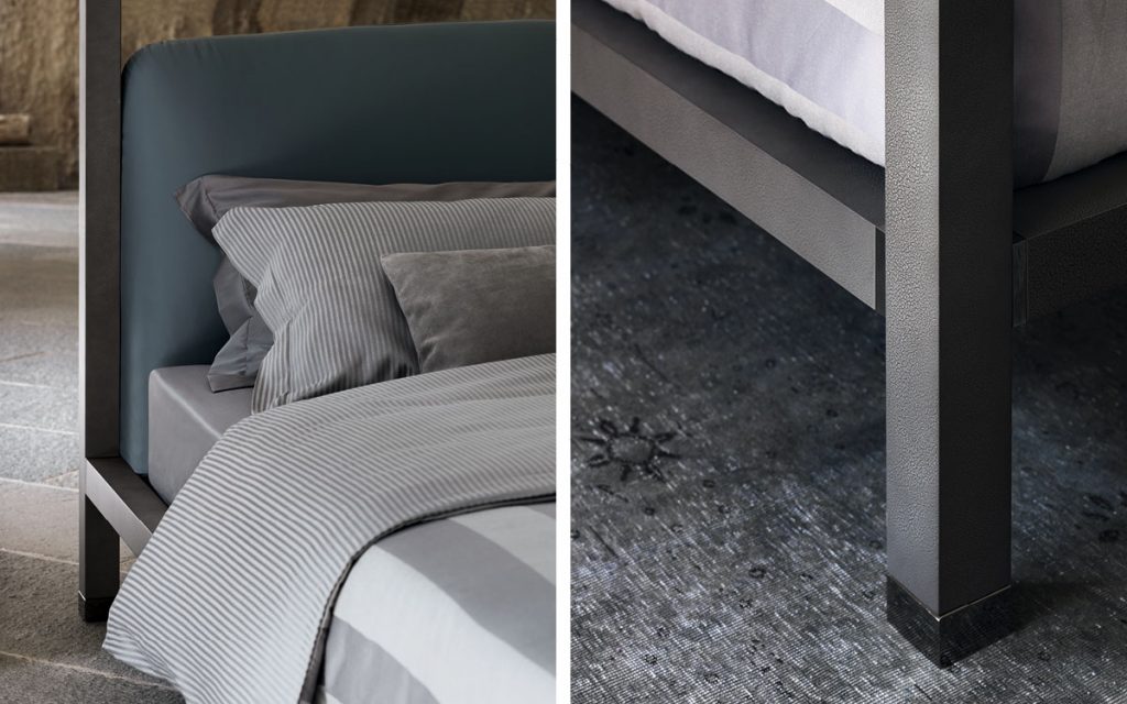 ari double bed close up, in green metal and green backrest
