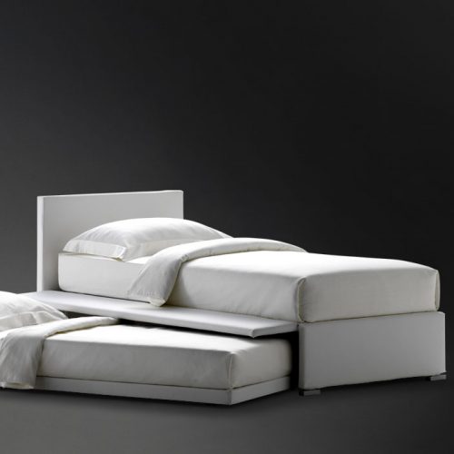 White Biss bed and base with one side which can be opened and used to contain the second bed on a black background.