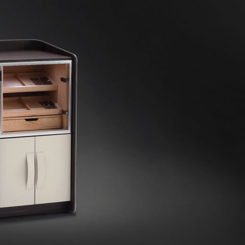 Gentleman Cigar Curved structure in natural and white, upper compartment in brown and white shelf on a black background.