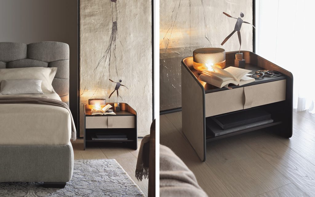 Two Gentleman Night Tables. Curved structure natural wood. Shelf one in beige in a bedroom.