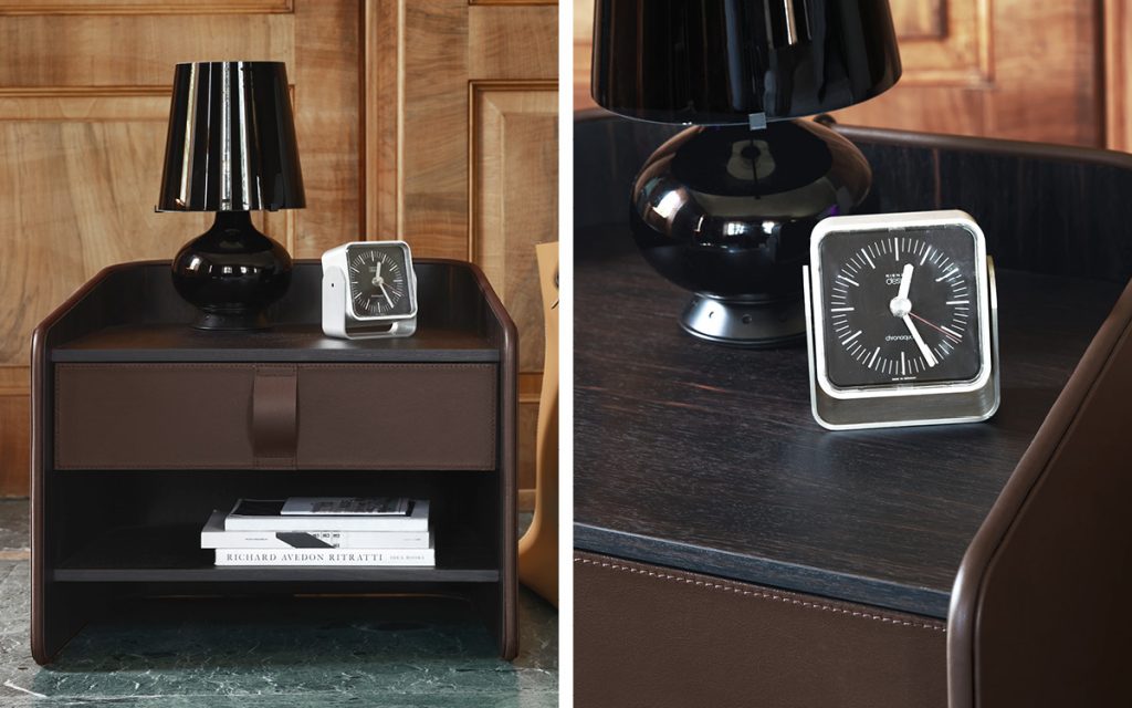 Two Gentleman Night Tables. Curved structure natural wood. Shelf one in brown in a room.