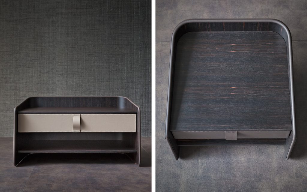 Two Gentleman Night Tables. Curved structure natural wood. Shelf one in beige in a room.
