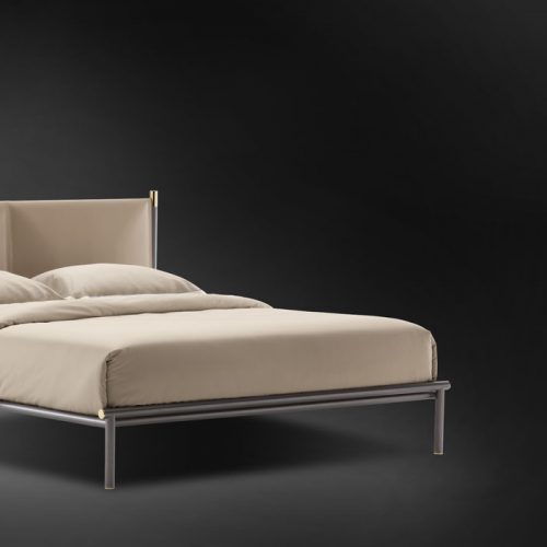 Iko Double bed, structure and legs in grey. Heardboard cover in sand on a black background.