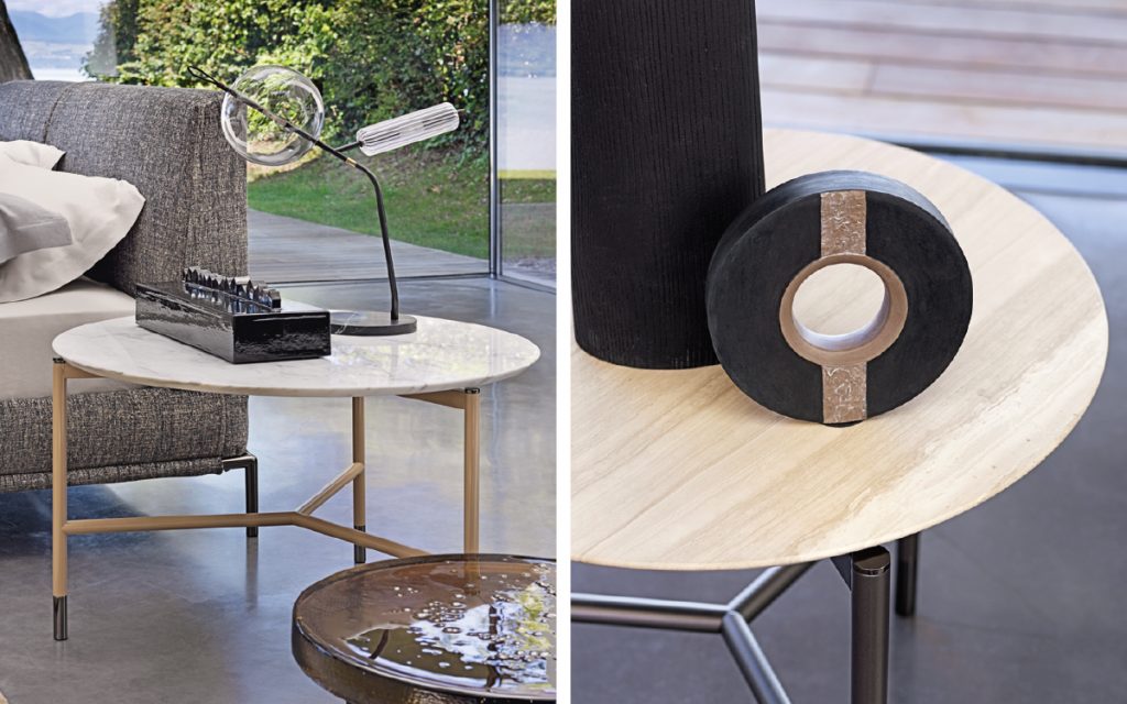 Closeup of Iko Side Table, top in brown marble with gold legs in a living room.
