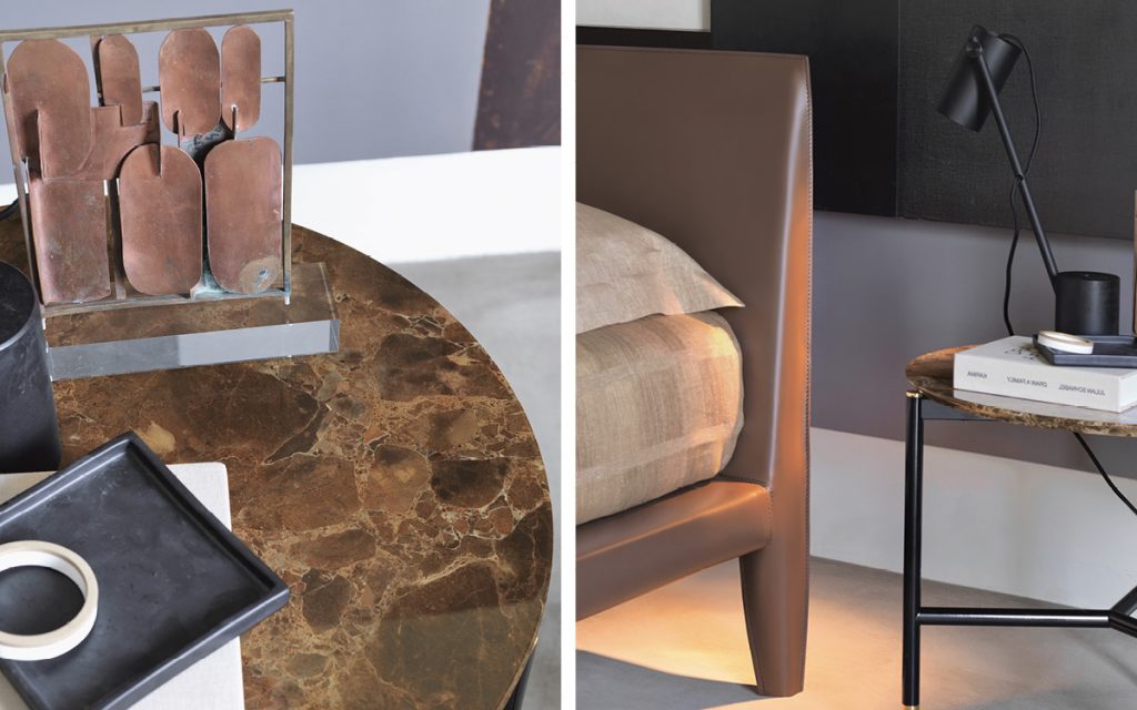 Closeup of Iko Side Table, top in brown marble and black legs in a living room.