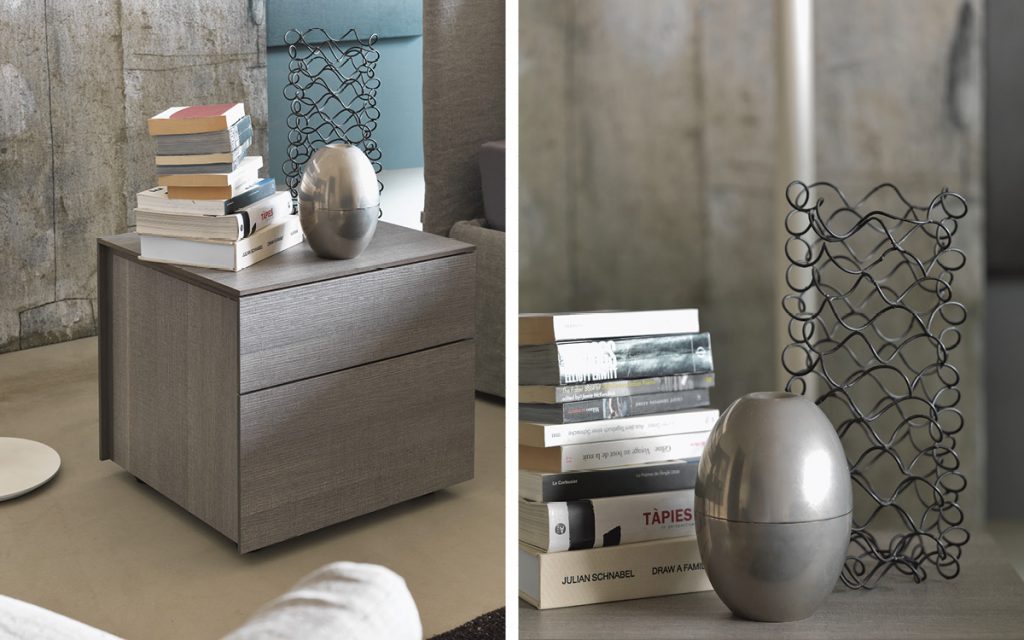 Closeup of Juta Dresser with two drawers in brown color in a room.