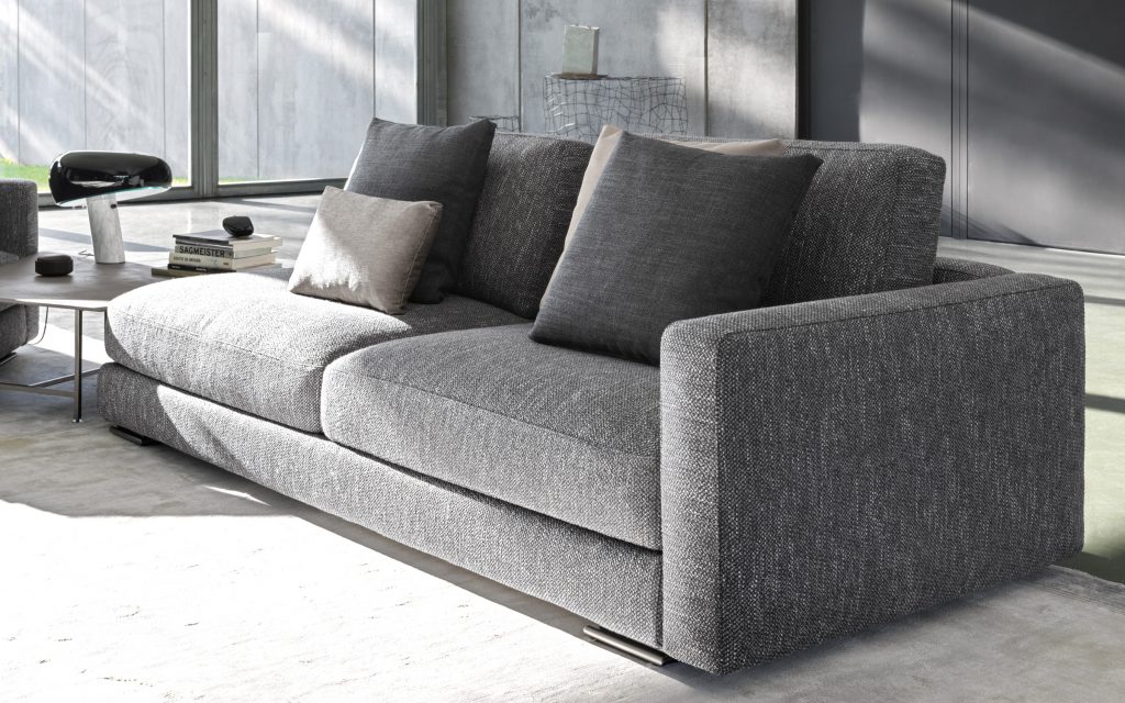 Myplace A: Gray sofa for two seats and silver legs with cushions in a living room.