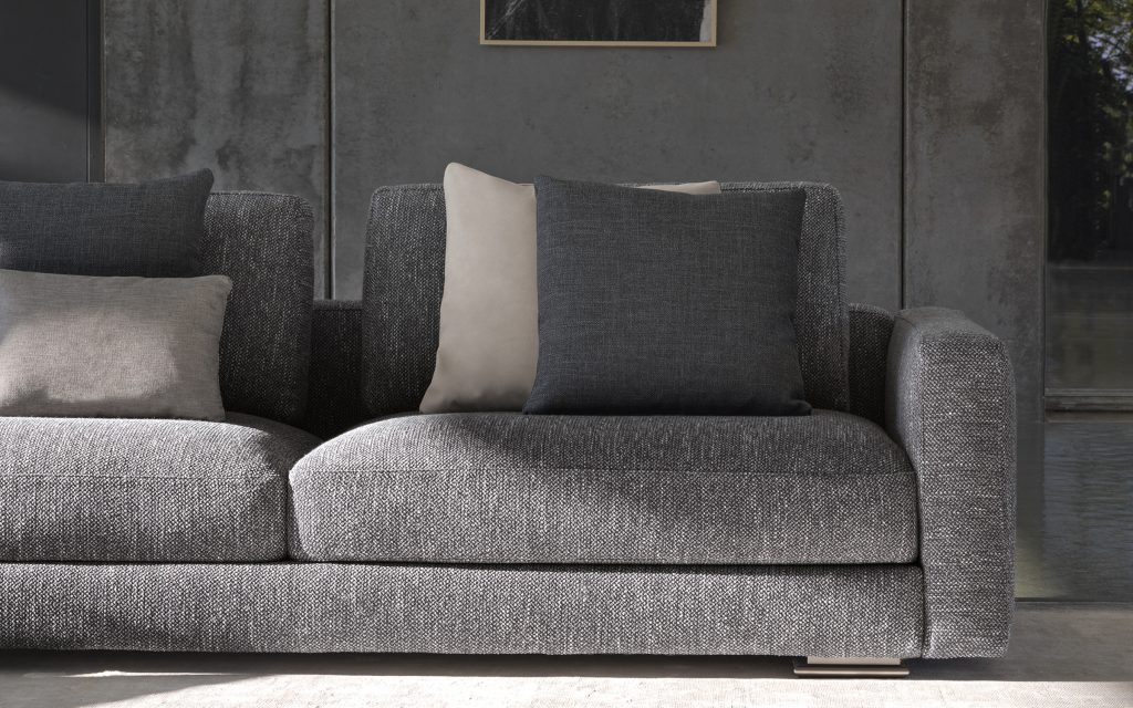 Myplace A: Gray sofa for two seats and silver legs with cushions in a living room.