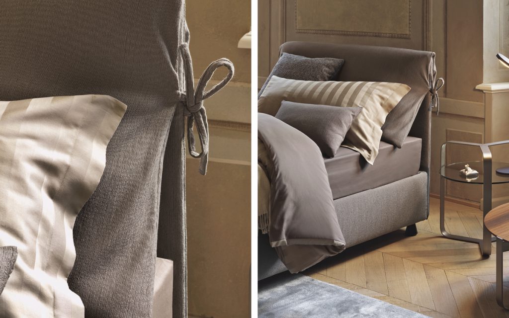Closeup of Nathalie Single bed brown headboard cushions and brown base with black legs and bedding in a bedroom.