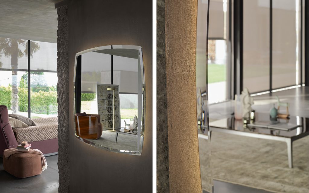 Square crystal Olivier Mirror with bevelled edge in a living room.