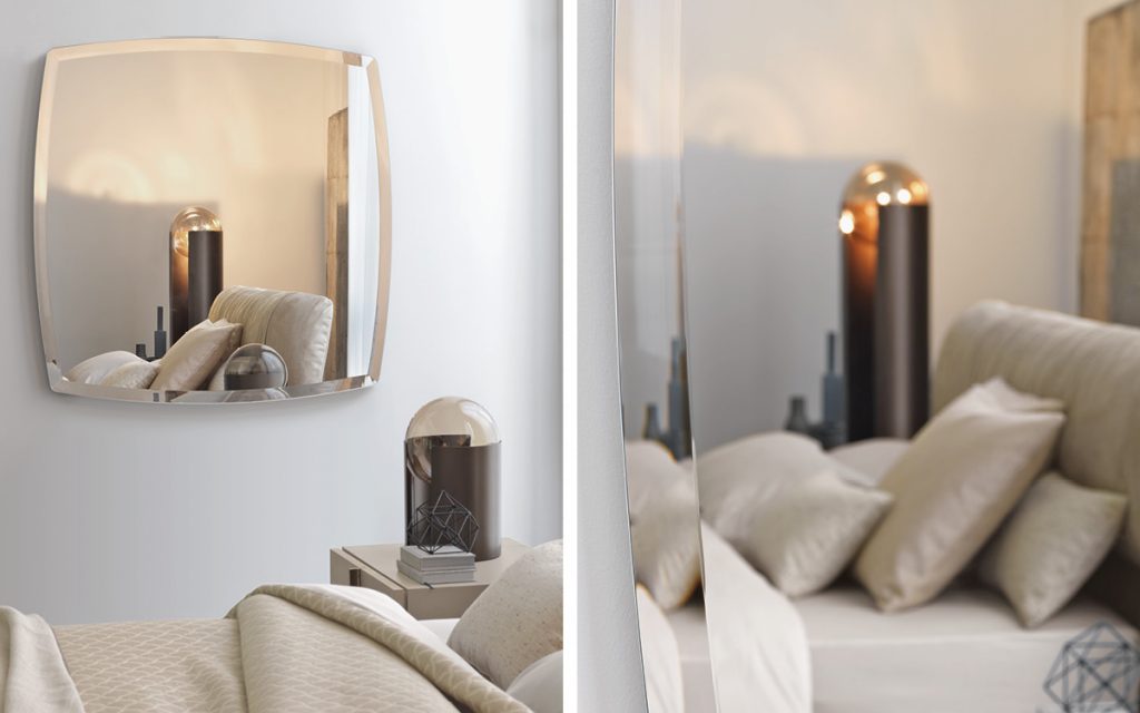 Square crystal Olivier Mirror with bevelled edge in a bedroom.