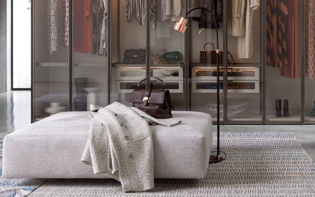Softbench one hundred fifty gray wide square modular sofa in a living room.