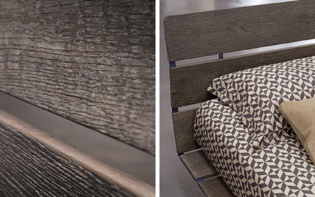 Closeup of Tadao Double bed in brown oak. Structure in black on a beige background.
