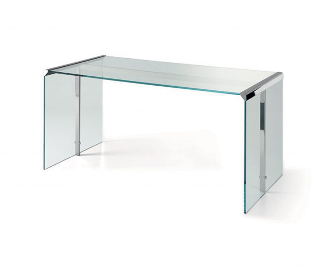 Rectangular President Dattilo desk in transparent tempered glass and silver steel on a white background.