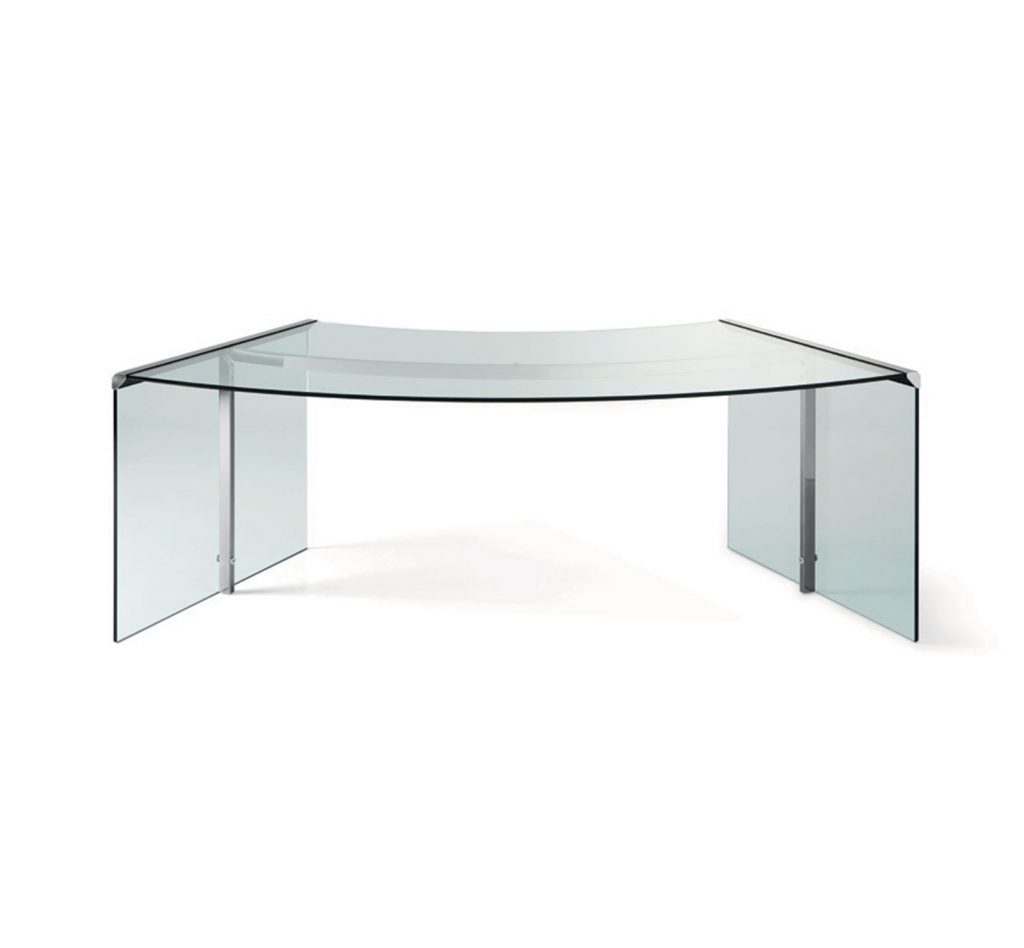 Rectangular President senior desk in transparent tempered glass ans silver steel on a white background.