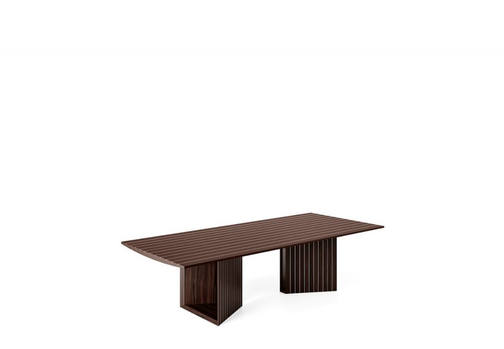Prism rectangular dining tabe in brown wood with two legs on a white background.