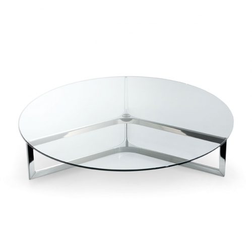Raj 1: Round glass-top coffee table with a silver metal base on a white background.