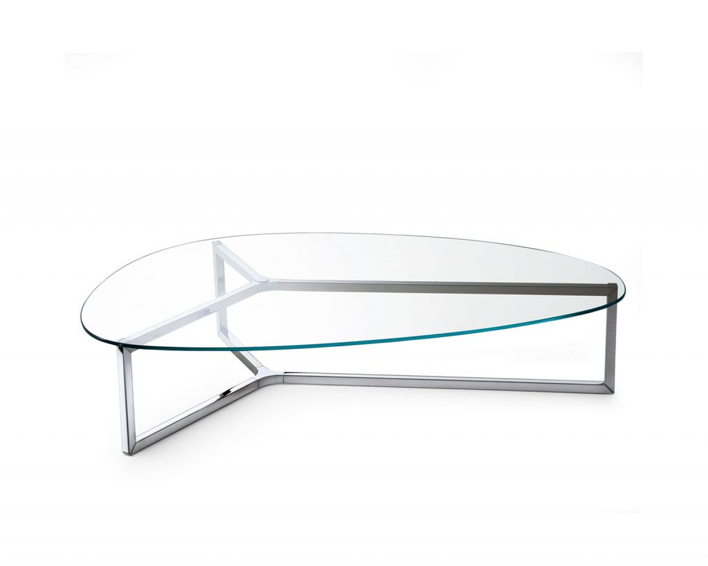 Raj 3: Oval glass coffee table with a silver metal base on a white background.
