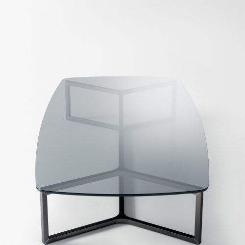 Raj 6: A rectangular glass coffee table with black metal legs on a white background.