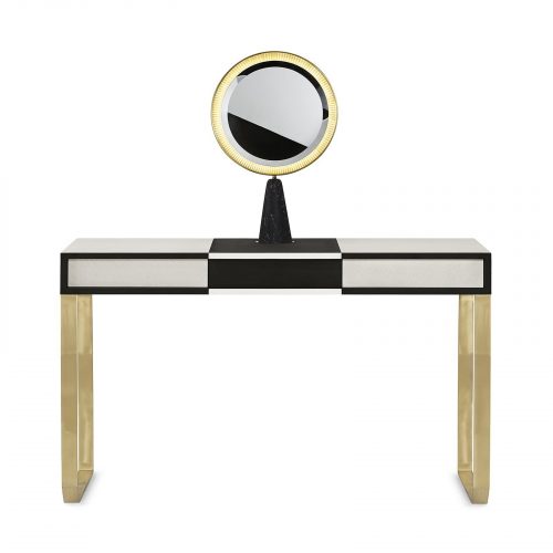 Selene : A rectangular desk in white and black with drawers and two golden legs on a white background.
