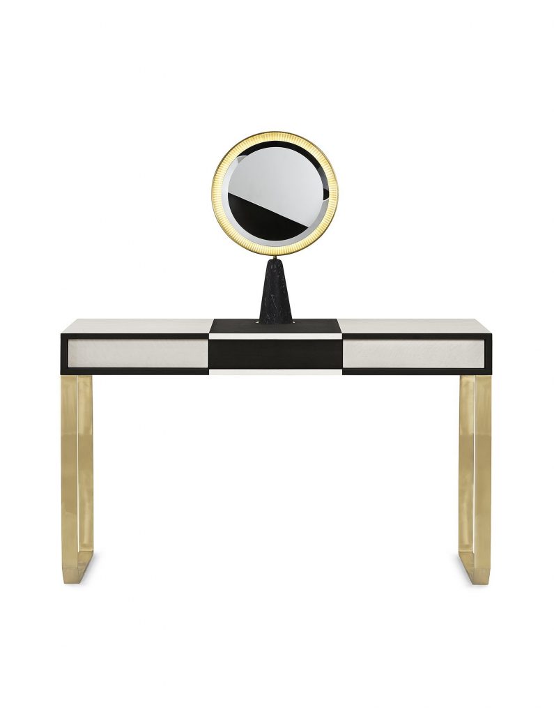 Selene : A rectangular desk in white and black with drawers and two golden legs on a white background.