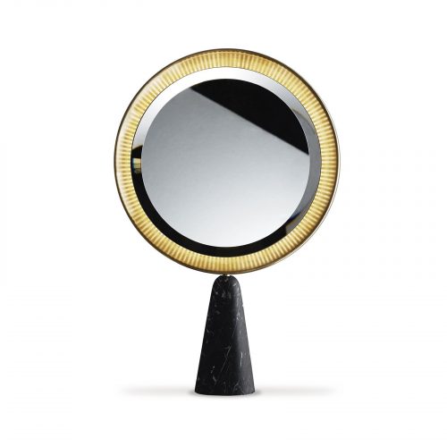 Round Selene Mirror with a thin metal frame in a bronze tone and black base on a white background.