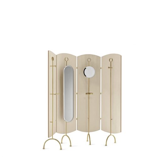 Shield screen composed by 4 curved wooden modules. Satin brass structure and accessories with bevelled mirrors on a white background.