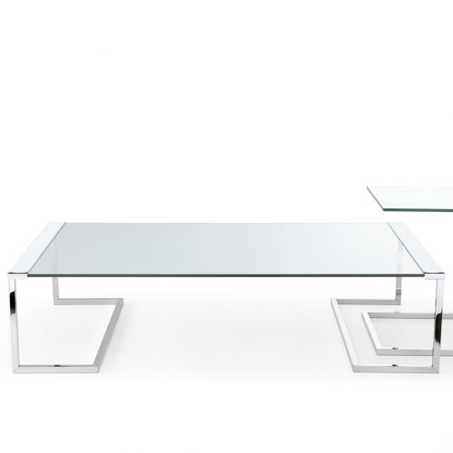 Sir T32 Sir T32 C coffee table. Rectangle glass top with two silver legs on a white background.