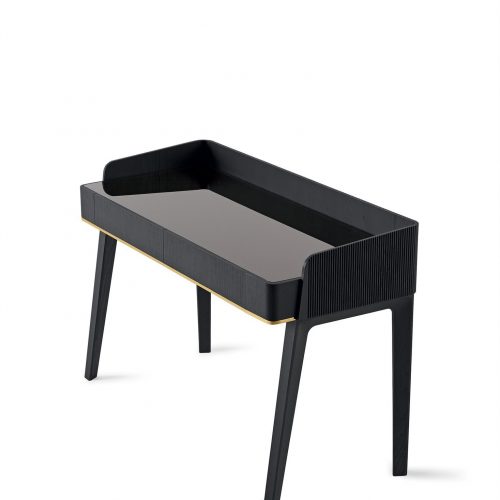 Soho: A black wooden desk with metal legs and drawers on a white background.