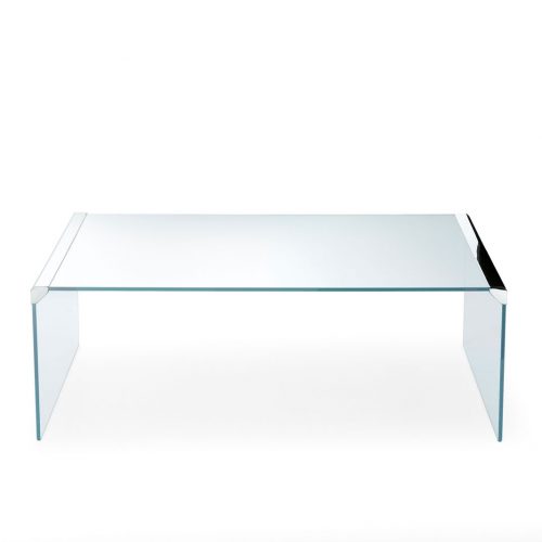 T33 clear glass rectangle side table with metal borders on a white background.