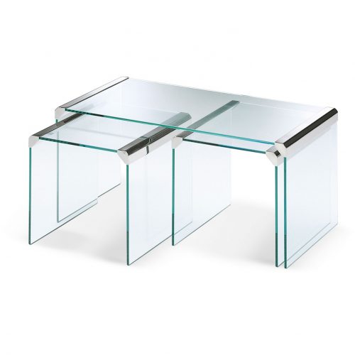 T35R: Three clear glass rectangle coffee tables with metal borders on a white background.